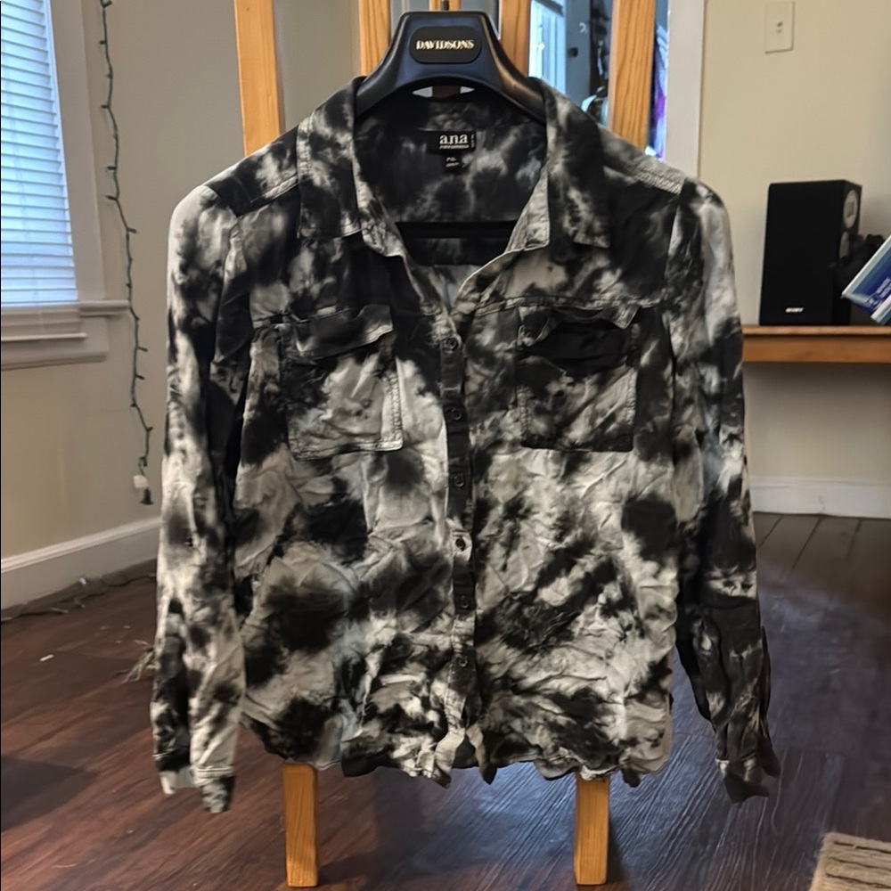 Black gray and white patterned button down shirt